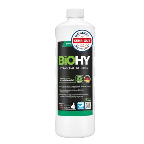 BiOHY Ultraschallreiniger (1l Flasche) | Materialschonende Reinigung für Schmuck und Uhren - Effektiver Ultraschallreiniger für die gründliche und schonende Pflege von Schmuck und Uhren. Ideal für den Einsatz in Ultraschallreinigungsgeräten, entfernt zuverlässig Schmutz und Ablagerungen.