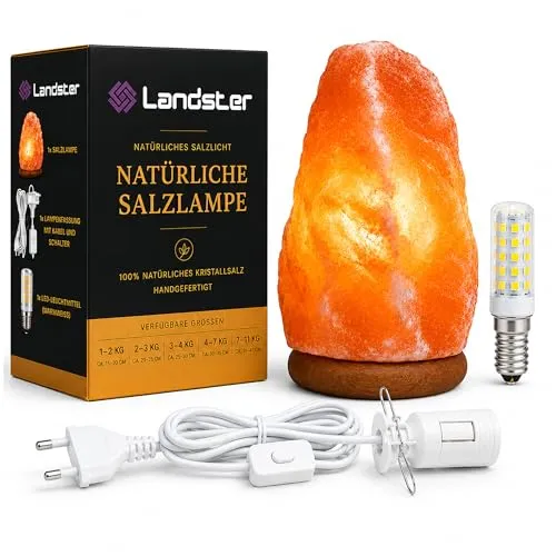 LANDSTER Salzlampe – Handgeschnitzte Salzkristalllampe aus Pakistan - Echte handgeschnitzte Salzlampe aus der Salt Range, sorgt für warmes, entspannendes Licht und schafft eine gemütliche Atmosphäre. Ideal für jeden Raum und als besonderes Geschenk.