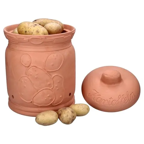 MamboCat Vorratsglas Terra Kartoffeltopf mit Deckel Ø 19,3cm - Frischhaltedosen aus hochwertigem Ton, ideal zur Aufbewahrung von Kartoffeln und Gemüse, atmungsaktiv und stilvoll in Braun