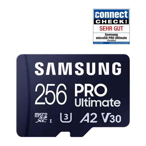 Samsung PRO Ultimate microSD-Karte + SD-Adapter, 256 GB - Hochgeschwindigkeits-Speicher für 4K-Videoaufnahmen, robust und vielseitig einsetzbar