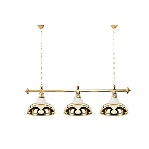 Billiard-Royal Billardlampe mit 3 Schirmen in Gold - Elegante Hängelampe für Billardtische, sorgt für optimale Beleuchtung. Maße: 150 cm lang, Schirmdurchmesser 38 cm, E27 Fassung für Lampen bis 40 W. Inklusive Aufhängketten für einfache Montage.