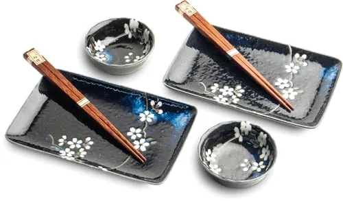 JAPAN ORIENTAL SUSHI TELLER SET | 6-teiliges Sushi Geschirr Set für 2 Personen - Elegantes 6-teiliges Sushi Set mit 2 Sushi Tellern, 2 Saucenschälchen und 2 Holzessstäbchen. Ideal für einen stilvollen Sushi Abend und vielseitig einsetzbar. Hochwertige Verarbeitung für langanhaltenden Genuss.