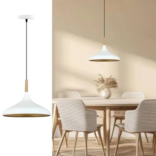 bamyum Champion Hängelampe Esstisch - Skandinavisches Design aus Holz und Metall - Lampen für Esszimmer, stilvolle Pendelleuchte mit 35 cm Durchmesser, ideal für Wohnzimmer und Küche, goldene Innenseite für warmes Licht.
