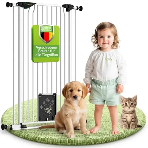 BOMI Türschutzgitter mit Katzenklappe Mira 73-161 cm - Ohne Bohren, extra breiter Durchgang - Treppenschutzgitter mit praktischer Katzenklappe, ideal für Haustierbesitzer. Sicher und einfach ohne Bohren zu montieren, passt in Türen von 73-161 cm.