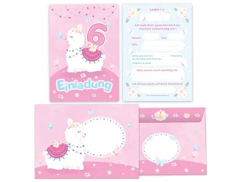 Limonia 12 Einladungskarten inkl. 12 Umschläge zum 6. Kindergeburtstag Motto-Party Feier Fest Einladung Set Geburtstag Mädchen Kinder Lama Schmetterlinge rosa blau