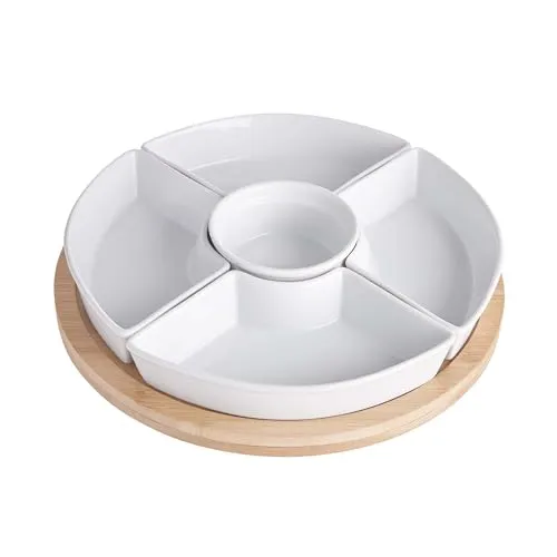 BUTLERS Set Snackschalen & Dipschalen | 5 Porzellan Schalen mit Bambusteller Ø26cm - VIELSEITIGES SERVIERSCHALEN SET: Ideal für Fingerfood und Snacks. Mit praktischen Fächern für eine ansprechende Präsentation. Spülmaschinengeeignet und nachhaltig – für unbeschwerte gesellige Abende!