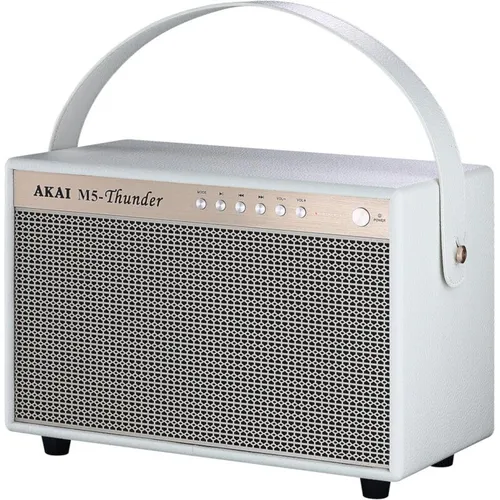 Akai M5-Thunder Lautsprecher, 28 W, Bluetooth, Kabellos & Verkabelt, USB, Weiß - Kraftvoller Lautsprecher mit 28 W RMS-Leistung und 8000 mAh Akku für bis zu 15 Stunden Musikgenuss. Vielseitig mit Bluetooth und AUX-Anschluss, ideal für jede Gelegenheit. Kompakt und tragbar.