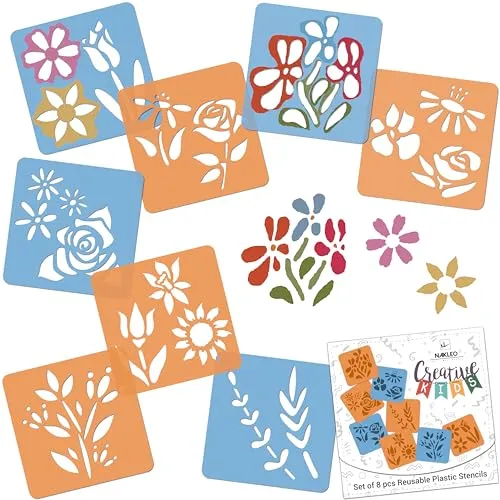 NAKLEO Schablonen Malen für Kinder, 8 Stück Set 15x15cm Blumen, Kinder Kreatives Zeichenschablonen, Kunststoff Wiederverwendbar Malschablone DIY Handwerk, Papier Wand Holz Stoff