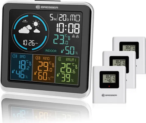 Wetterstation Quadro Individio - 4-in-1 Messgerät für Temperatur und Luftfeuchtigkeit, inklusive 3 Funk-Sensoren und Wecker mit Schlummer-Funktion