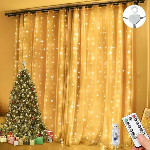 Lezonic LED Lichterketten vorhang 3x3m, 300LEDs Lichtervorhang Innen verstellbare Helligkeit,für Party, Ramadan, Schlafzimmer Deko(warmweiß)