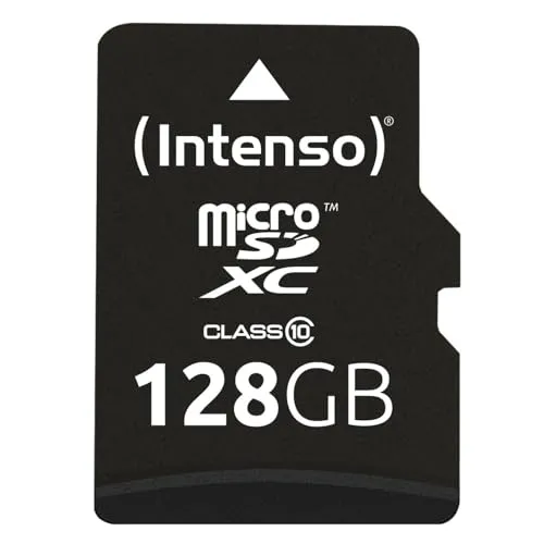 Intenso microSDXC 128GB Class 10 Speicherkarte mit SD-Adapter - Zuverlässige 128GB Speicherkarte für Smartphones und Tablets. Hohe Datentransferrate von bis zu 25 MB/s und robuste Bauweise für den täglichen Einsatz.