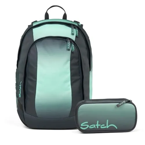 Satch Air Schulrucksack Set 2tlg. (Gradient Mint) mit Schlamperbox - Stylisches Satch Air Schulrucksack Set inkl. praktischer Schlamperbox für alles Wichtige. Mit innovativem 3D Soft-Mesh Rückensystem für optimalen Tragekomfort. Hergestellt aus 100% recyceltem Material – gut für die Umwelt!