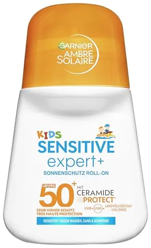 Garnier Ambre Solaire Kids Sensitive expert+ Sonnenschutz Roll-On LSF 50+ – Sonnencreme für Kinder & Babys – Wasserfest, sandresistent & mit Ceramide-Protect – Handliches Taschenformat – 50ml