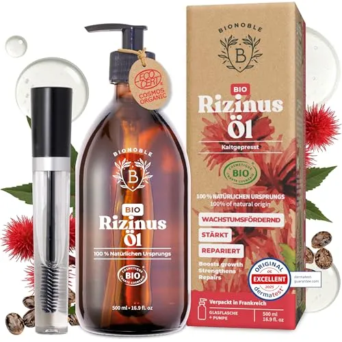 BIONOBLE Rizinusöl Kaltgepresst Bio + Mascara-Kit, 100% Natürlich - Wachstumsfördernd, Repariert - Rizinusöl Bio Haare, Wimpern, Augenbrauen, Haut - Castor Oil - Glasflasche mit Pumpe - 500ml