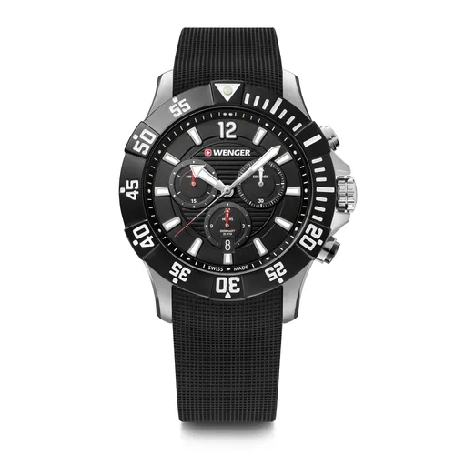 Wenger 01.0643.118 Seaforce Taucher-Chronograph Herrenuhr 43mm - Schwarz - Robuste Herrenuhr aus Edelstahl mit 20ATM Wasserdichtigkeit. Ideal für Wassersport und den urbanen Alltag. Modernes Design mit Silikon-Armband und präzisem Quarzwerk.