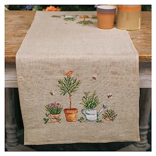 Vervaco Stickpackung Kreuzstich Set Vorgedruckt Tischläufer Gartengeräte Stickdecken Vorgezeichnet DIY Basteln Erwachsene Kreativ Stickläufer zum Selbersticken 40 x 100 cm Stickset