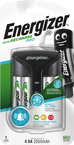 Energizer 639837 PRO Charger mit 4 AA Akkus 2000mAh - Akkus und Ladegeräte, schnelles Laden von bis zu 4 AA/AAA-Akkus in nur 3-6 Stunden mit intelligenter Ladetechnologie und Überladeschutz für maximale Sicherheit.