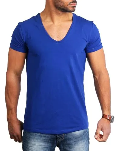 Young & Rich Herren Uni T-Shirt Basic mit extra tiefem V-Ausschnitt Slimfit deep V-Neck Stretch dehnbar 1315, Grösse:S, Farbe:Blau