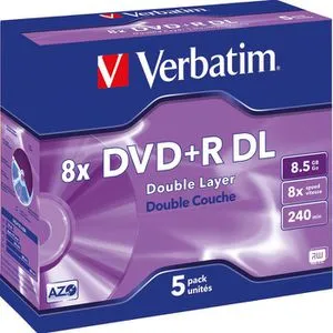 Verbatim 5 x DVD+R DL - 8,5 GB (240 Min.) 8x, ideal für Langzeitarchivierung und hohe Datenkapazität in mattsilberem Jewel Case
