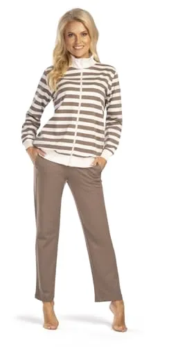 Consult-Tex Damen Hausanzug im Streifenmuster beige (Größe 48/50) - Bequemer Freizeitanzug mit praktischem Reißverschluss und Eingrifftaschen. Ideal für entspannte Tage zu Hause, aus pflegeleichtem Material für höchsten Komfort.