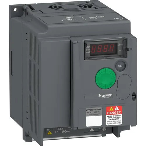 Schneider Electric Frequenzumrichter ATV310HU15N4E IP20 - Frequenzumrichter für industrielle Anwendungen, 1,5 kW Leistung und 400 Hz Ausgangsfrequenz, ideal für präzise Motorsteuerung und Energieeffizienz.