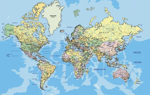 Fototapete PAPERMOON "World Map", bunt, 3m x 2,23m - Hochwertige Vliestapete mit beeindruckendem Weltkarten-Motiv. Einfach anzubringen, ideal für Wohnräume und Küchen. Rückstandslos abziehbar und lichtbeständig für langanhaltende Farbkraft.