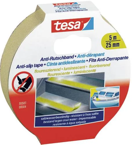 tesa Anti-Rutsch-Band Fluoreszent natur 25,0 mm x 5,0 m - Diverse T – reißfestes, wasserdichtes Anti-Rutsch-Band mit fluoreszierender Signalwirkung für mehr Sicherheit auf rutschigen Oberflächen, ideal für Treppen und Rampen.
