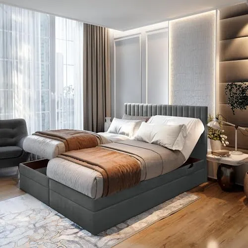 TRADA Adele Boxspringbett 140x200 - Elektrisch verstellbar mit Bettkasten - Elegantes Boxspringbett mit elektrisch verstellbarem Rahmen und 9-Zonen-Taschenfederkern für optimalen Schlafkomfort. Inklusive Bettkasten für zusätzlichen Stauraum und pflegeleichtem Velour-Stoff in Dunkelgrau.