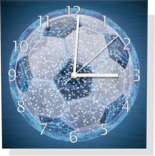 Wallario Design Wanduhr Fußball digital - 30x30 cm Aluminiumverbund - Hochwertige Wanduhr mit digitalem Fußballmotiv auf Aluminiumverbundplatte. Leicht, stabil und elegant, ideal für kreative Raumgestaltung. Einfache Montage mit Quarz-Uhrwerk, benötigt 1,5 V AA-Batterie (nicht enthalten).