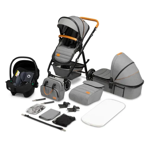 lionelo Kombi-Kinderwagen Amber 3in1, Grau - 3-in-1 Kinderwagen mit Babyschale und Zubehör, ideal für Neugeborene bis 4 Jahre, bietet Komfort und Sicherheit durch verstellbare Rückenlehne und 360-Grad-Räder.
