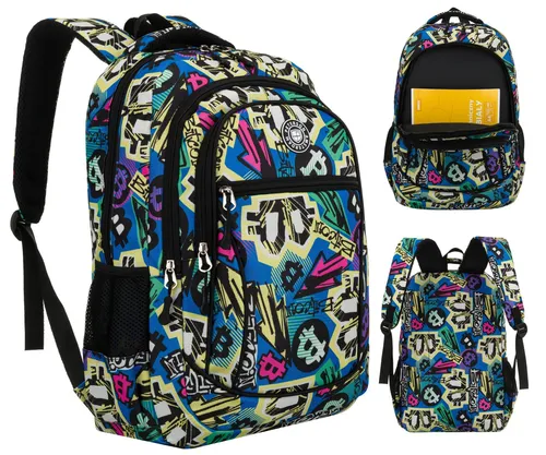 PTN BIEDRONKA Rucksack-5066 B75 - Weiß/Blau/Schwarz - Stylischer Schulrucksack aus strapazierfähigem Polyester mit Graffiti-Muster. Leicht, geräumig und mit praktischen Fächern für optimale Organisation. Perfekt für Schule und Freizeit!