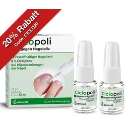 Ciclopoli Gegen Nagelpilz 13,2 ml - Effektiver Nagellack - Arzneimittel gegen Nagelpilz, rezeptfrei erhältlich. Der wirkstoffhaltige Nagellack von ALMIRALL HERMAL GmbH bietet eine einfache Anwendung und gezielte Wirkung für gesunde Nägel.
