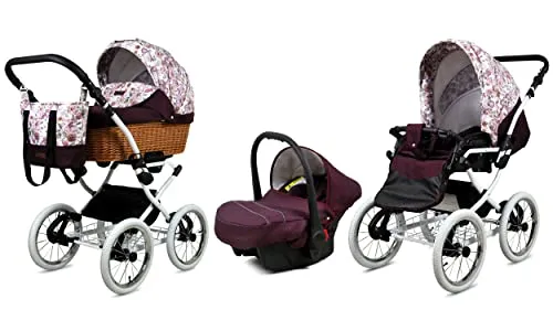 Babylux® Classic White 3in1 Kinderwagen Set mit Maroon Flowers - Vielseitiger Kombikinderwagen: Tiefer Wagen, Buggy & Autositz in einem. Mit leichtem Aluminiumrahmen, verstellbarer Rückenlehne und Sicherheitsgurten für maximalen Komfort und Sicherheit. Ideal für Neugeborene bis Kleinkinder.