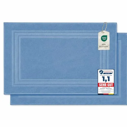 Komfortec 2er Badvorleger aus 100% Baumwolle, 600 GSM, Duschvorleger, Waschbar, Badteppich, Saugfähig, Frottee, 50x70 cm, Hellblau