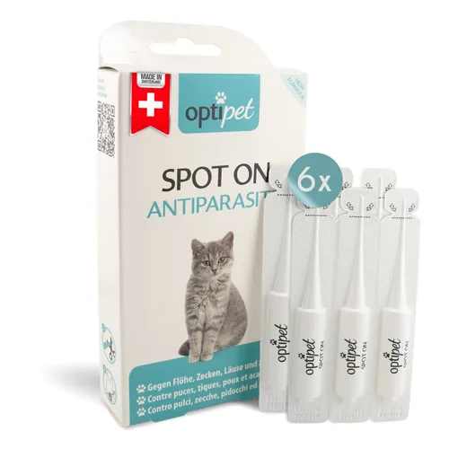 Optipet 6x Spot on Katzen - Effektiver Ungezieferschutz - Ungezieferschutz für Katzen mit 6x4 Wochen Schutz vor Flöhen, Zecken, Milben und Läusen. Schweizer Qualitätsmarke mit besonderer Wirkstoffkombination für zuverlässige Parasitenabwehr.