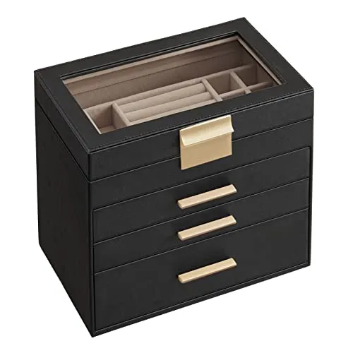 SONGMICS GISELLA Kollektion - Schmuckkästchen, Schmuckkasten 4 Ebenen, Schmuckbox mit Glasdeckel, 3 Schubladen, für Sonnenbrillen, Schmuckaufbewahrung, modern, graphitschwarz-golden JBC161B02