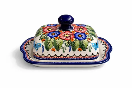 Bunzlauer Keramik Butterdose rechteckig für 250g - Handgefertigte Butterglocke aus hochwertiger Steinzeug-Keramik, spülmaschinenfest und mikrowellengeeignet. Ideal für die stilvolle Aufbewahrung von Butter, mit lebendigen Farben und langer Lebensdauer.