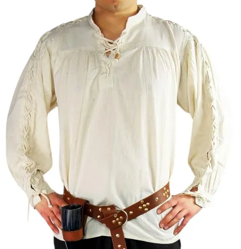 Leonardo Carbone® Mittelalter Hemd Julius mit Ärmelschnürung - Mittelalter Kleidung, Mittelalter Hemd Herren, LARP-Kleidung, Festival Outfit, Karneval Kostüm, Freizeithemden Langarm Natur M