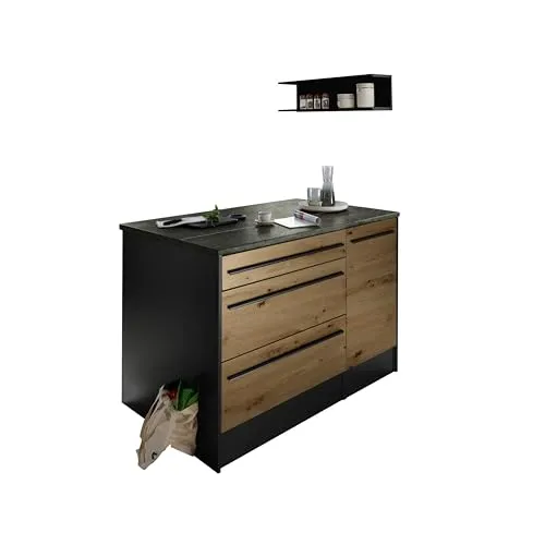 Mid.you Kücheninsel in Anthrazit und Eiche Artisan - Einbauküchen-Komponenten mit 3 Schubladen und großzügigem Stauraum, ideal zum Zubereiten kulinarischer Köstlichkeiten in stilvollem Design.