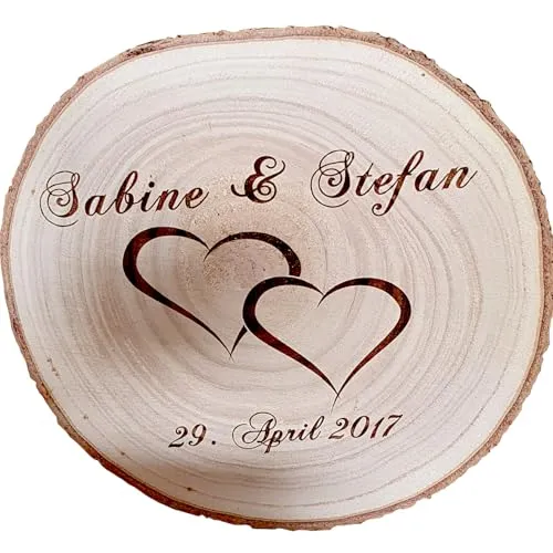 Personalisierte Baumscheibe Doppelherz mit Gravur - Unbehandeltes Holz, individuelle Gravur mit Namen und Datum für unvergessliche Momente – das perfekte Geschenk für Hochzeiten, Jahrestage oder Geburtstage.