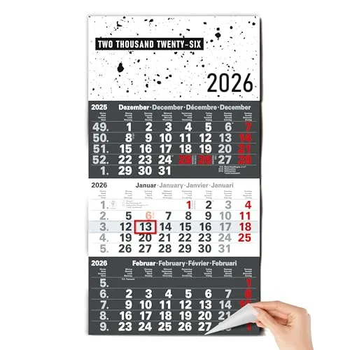 TOBJA 3-Monatskalender 2026 Wandkalender mit Schieber – FSC-zertifizierter Kalender 2026 mit Feiertagen & Kalenderwochen – 30x56 cm – Kalender für Büro & Planung