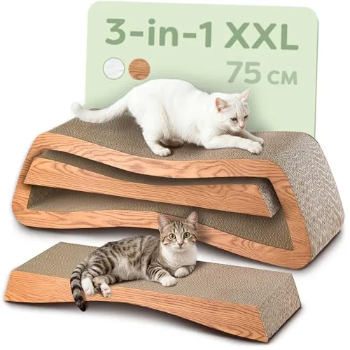 Knupis Kratzbrett Mountain XXL – 3-teiliges Kratzmöbel für Katzen - Platzsparendes Kratzmöbel-Set aus FSC-zertifizierter Wellpappe. Ideal für die Krallenpflege und zum Schutz Ihrer Möbel. Langanhaltender Kratzspaß für bis zu 2 Jahre!