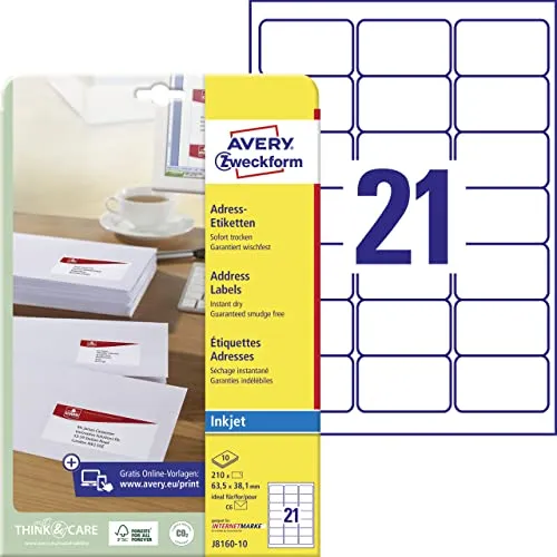 AVERY Zweckform J8160-10 Adressetiketten/ Adressaufkleber (210 Etiketten, 63,5x38,1mm auf A4, bedruckbar, selbstklebend, für DIN B6/C6 Briefkuverts, Papier matt, Inkjet-Drucker) 10 Blatt, weiß