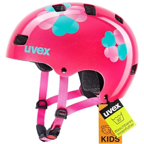 uvex Kid 3 - Robuster Fahrradhelm für Kinder, Pink Flower - Fahrradhelme mit schlagfester Außenschale, verstellbarem IAS System für individuelle Größenanpassung und waschbarer Innenausstattung für optimalen Komfort.