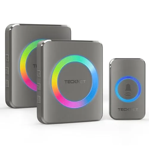 TECKNET Funkklingel, Kabellose Türklingel Funk Set 500m Reichweite, IP65 Aussen Wasserdicht Haustür Klingel mit 2 Plug-In-Empfänger und 1 Sender, Ring doorbell und Klingelknopf Mit LED-Blitz
