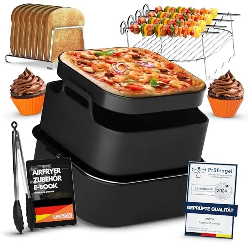 UNBOX Airfryer Zubehör Set quadratisch 15-teilig - passend für COSORI, Philips, Ninja - Zubehör für Friteusen: 15-teiliges Set mit Silikonform und deutschem E-Rezeptbuch für kreative Gerichte, ideal für viele Airfryer-Modelle.