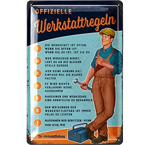 LANOLU Retro Blechschild Werkstatt Schild - lustige Werkstattregeln für Männer - wichtige Regeln für die Werkstatt, KFZ Mechaniker Geschenk Vatertag, Garagen Deko Metallschild 20x30cm
