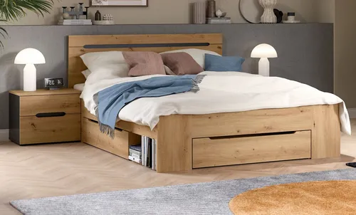 Inn.Furn Schlafzimmer Set Cooper, Eiche Artisan, Grau, 3-teilig - Entdecken Sie das Schlafzimmer Set Cooper in elegantem Artisan Eiche Dekor und Grau. Mit praktischen Bettschubkästen und stilvollen Nachttischen bietet es modernen Komfort und durchdachte Funktionalität für Ihr Zuhause.