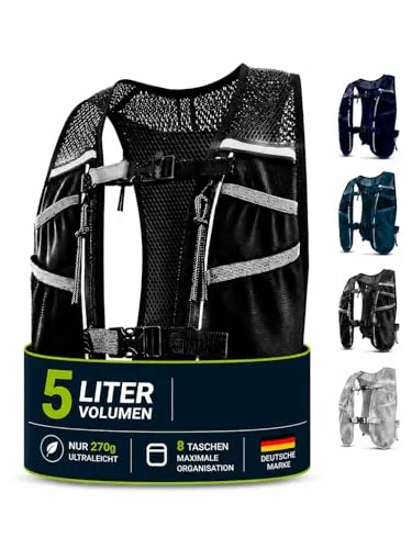 SASMO® Laufweste Damen & Herren 5L - Ultraleicht & Atmungsaktiv - Jacken & Westen - Mit nur 270g ist die Laufweste kaum spürbar und bietet 8 Taschen für optimalen Stauraum während des Laufens.