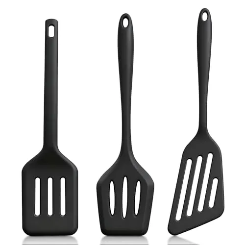 Lahnaokfis 3 Stück Pfannenwender Silikon, Spatula aus Lebensmittelechtem, Bratenwender, Geschlitzt, Antihaftbeschichtet, Hitzebeständig, Ideales Kochgeschirr für Fisch, Eier, Pfannkuchen, Schwarz